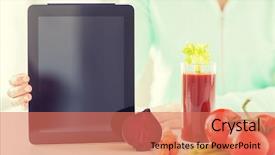  Presentation with tomato juice - Audience pleasing slides consisting of healthy eating technology diet and people concept - close up of woman hands with tablet pc tomato juice and vegetables backdrop and a coral colored foreground