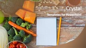  Presentation with culinary - Presentation with healthy eating vegetarian food advertisement and culinary concept - close up of ripe vegetables and notebook with pencil on wooden table background and a coral colored foreground