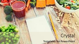  Presentation with culinary - PPT layouts with healthy eating vegetarian food advertisement and culinary concept - close up of ripe vegetables and notebook with pencil on wooden table background and a lemonade colored foreground