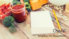  Presentation with culinary - Audience pleasing theme consisting of healthy eating vegetarian food advertisement and culinary concept - close up of ripe vegetables and notebook with pencil on wooden table backdrop and a lemonade colored foreground