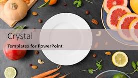  Presentation with white healthy food - Presentation featuring healthy eating vegetarian food diet and culinary concept - empty white plate and different vegetables and fruits on on slate table background and a light gray colored foreground