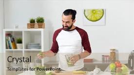  Presentation with young healthy people - Cool new PPT theme with healthy eating vegetarian food diet and people concept - happy young man with blender cup and fruits cooking at home kitchen backdrop and a coral colored foreground