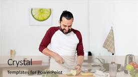  Presentation with young healthy people - Beautiful PPT layouts featuring healthy eating vegetarian food diet and people concept - happy young man with blender and fruits cooking at home kitchen backdrop and a soft green colored foreground