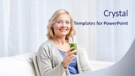  Presentation with green fresh food - Audience pleasing presentation design consisting of healthy eating vegetarian food dieting detox and people concept - smiling middle aged woman drinking green fresh vegetable juice or smoothie from glass at home backdrop and a sky blue colored foreground