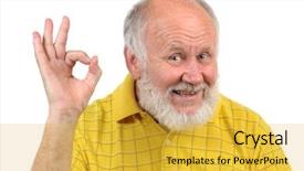  Presentation with greeiting show man - Slide deck enhanced with healthy eyes - senior funny bald man background and a yellow colored foreground