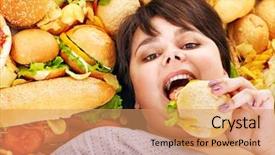  Presentation with hamburger - Audience pleasing PPT theme consisting of healthy fast food - overweight woman holding hamburger backdrop and a coral colored foreground