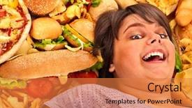  Presentation with fast food healthy - PPT theme consisting of healthy fast food - overweight woman holding hamburger background and a coral colored foreground