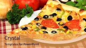  Presentation with pizza lasagna - Colorful theme enhanced with healthy fast food - pizza close-up backdrop and a  colored foreground