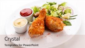  Presentation with roasted chicken - Presentation theme featuring healthy fast food - roasted chicken drumsticks and vegetables background and a coral colored foreground