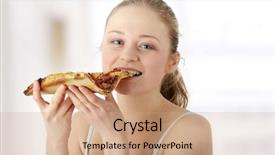  Presentation with pizza - Presentation theme consisting of healthy fast food - young happy woman eating pizza background and a  colored foreground