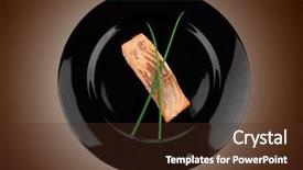  Presentation with salmon dish - Beautiful theme featuring healthy fish cuisine baked pink salmon steaks with green onion on black dish isolated over white background backdrop and a tawny brown colored foreground