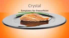  Presentation with salmon dish - Cool new presentation theme with healthy fish cuisine baked pink salmon steaks with green onion on black dish isolated over white background backdrop and a lemonade colored foreground