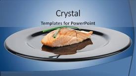  Presentation with salmon dish - Cool new presentation with healthy fish cuisine baked pink salmon steaks with green onion on black dish isolated over white background backdrop and a light blue colored foreground