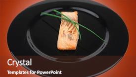  Presentation with salmon dish - Slides featuring healthy fish cuisine baked pink salmon steaks with green onion on black dish isolated over white background background and a tawny brown colored foreground