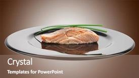  Presentation with salmon dish - Slide deck featuring healthy fish cuisine baked pink salmon steaks with green onion on black dish isolated over white background background and a coral colored foreground