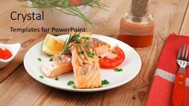  Presentation with salmon grilled fish salmon grilled - Slide set enhanced with healthy fish cuisine grilled pink salmon steaks with red caviar in white bowl lemon and vegetable salad on white dish with cutlery and pepper grinder over wooden table background and a coral colored foreground