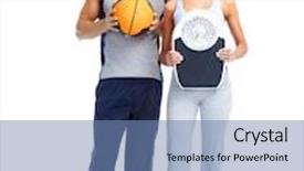  Presentation with weight - Slides enhanced with healthy fitness people with a weight scale isolated over white background background and a teal colored foreground