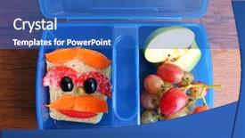  Presentation with lunchbox - Presentation design enhanced with healthy food children - creative sandwich and fruits background and a teal colored foreground