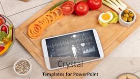  Presentation with food body - Presentation design having healthy food composition with tablet body diagnosis on the screen background and a coral colored foreground
