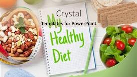  Presentation with healthy food - Amazing PPT theme having healthy-food-concept-salad-fruits backdrop and a coral colored foreground