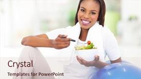  Presentation with ready to eat salad - Presentation design consisting of healthy foods exercise - beautiful young african woman eating background and a lemonade colored foreground
