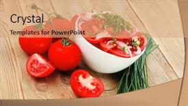  Presentation with white healthy food - PPT layouts enhanced with healthy food fresh tomato salad in white bowl with bunch of chives and raw tomatoes on twig onion over wooden table background and a coral colored foreground