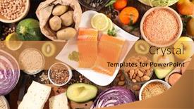  Presentation with food fish - Amazing slide set having healthy-food-fruit-vegetable-cereal backdrop and a yellow colored foreground