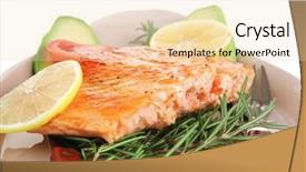 Presentation with white healthy food - Cool new presentation theme with healthy food hot baked salmon piece served over glass plate isolated on white background backdrop and a lemonade colored foreground