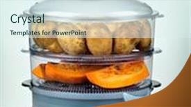  Presentation with steam - Presentation theme featuring healthy food in steamer steam cooker with potato and pumpkin background and a sky blue colored foreground