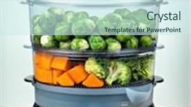  Presentation with steam - Presentation theme with healthy food in steamer steam cooker with various vegetables background and a cool aqua colored foreground