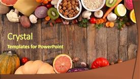  Presentation with fruit - Theme with healthy food nuts - assorted fruit and vegetable background and a tawny brown colored foreground