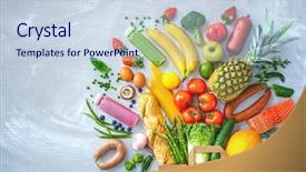  Presentation with fresh fruits vegetables - Theme consisting of healthy food selection shopping bag background and a sky blue colored foreground