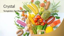  Presentation with healthy food - Colorful theme enhanced with healthy food selection shopping bag backdrop and a yellow colored foreground