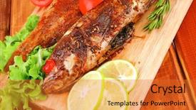  Presentation with healthy food - Presentation theme featuring healthy food two fried sea bass fish served with tomatoes and vegetables on big wooden board over table background and a gold colored foreground