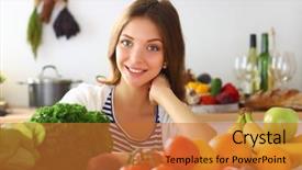  Presentation with desk - PPT layouts consisting of healthy fruit - young woman standing near desk background and a  colored foreground