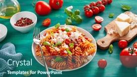  Presentation with pasta sauce - Amazing presentation theme having healthy fusilli pasta with tomato sauce parmesan basil backdrop and a ocean colored foreground