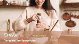  Presentation with happy image - Cool new slide set with healthy green salad with vegetable backdrop and a coral colored foreground