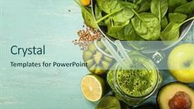  Presentation with health diet - PPT theme consisting of healthy green smoothie and ingredients on blue background - superfoods detox diet health vegetarian food concept background and a soft green colored foreground