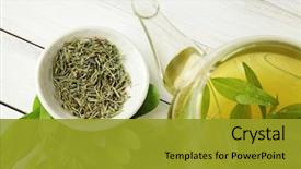  Presentation with tea leaves - Slide deck having healthy green tea cup background and a gold colored foreground