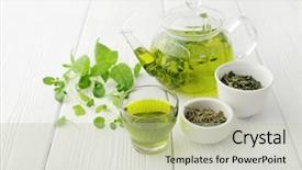  Presentation with tea leaves - Amazing slide set having healthy green tea cup backdrop and a soft green colored foreground