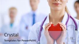  Presentation with healthy - PPT theme featuring healthy hospital - female doctor with stethoscope holding background and a light blue colored foreground