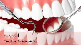  Presentation with human mouth - Beautiful presentation theme featuring healthy human teeth and a dentist mouth mirror backdrop and a coral colored foreground