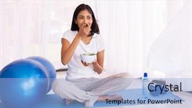  Presentation with exercise mat - PPT theme having healthy indian woman eating salad on exercise mat background and a light blue colored foreground