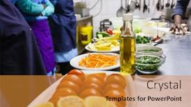  Presentation with restaurant kitchen - Amazing slide deck having healthy ingredients on a restaurant kitchen table ready to go for the cooking process backdrop and a gold colored foreground