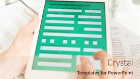  Presentation with mobile application - PPT layouts enhanced with healthy insurance claim application in electronic form on display of touchpad held by contemporary mobile person background and a lemonade colored foreground