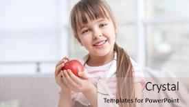  Presentation with apple - Slide deck featuring healthy kids - happy schoolgirl standing with apple background and a coral colored foreground