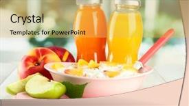  Presentation with juice - Slide set having healthy kids - tasty dieting food and bottles background and a yellow colored foreground