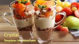 Presentation with muesli - Colorful PPT theme enhanced with healthy layered dessert with muesli and fruits on table backdrop and a tawny brown colored foreground