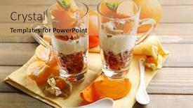  Presentation with muesli - Slides featuring healthy layered dessert with muesli and fruits on table background and a coral colored foreground