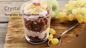  Presentation with muesli - Colorful presentation theme enhanced with healthy layered dessert with muesli and berries on table backdrop and a soft green colored foreground